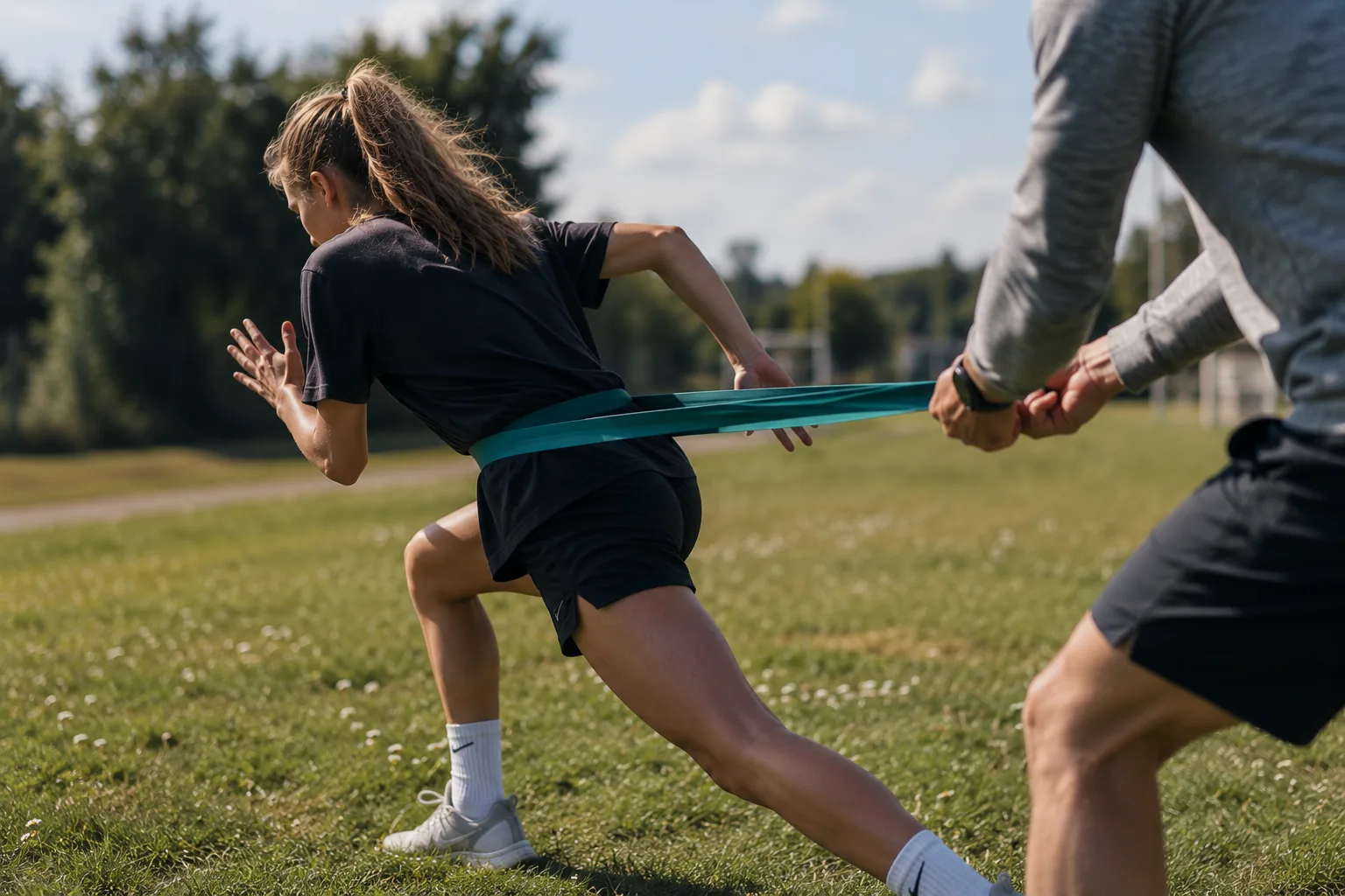 Young female athlete leaning into a resisted sprint on a grass field during a coaching session.