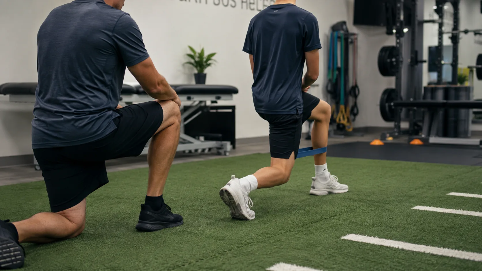 Clinician guiding a young athlete through a resisted split-squat rehab drill on indoor turf.