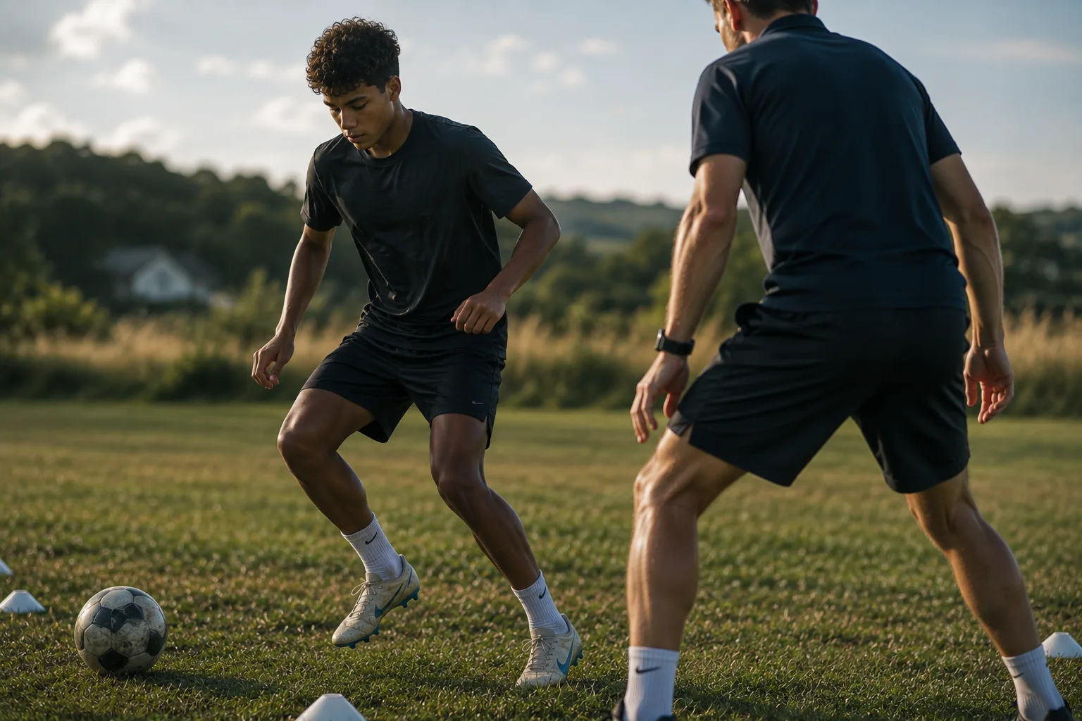 Coach observing a young male athlete during an outdoor agility drill on a grass pitch.