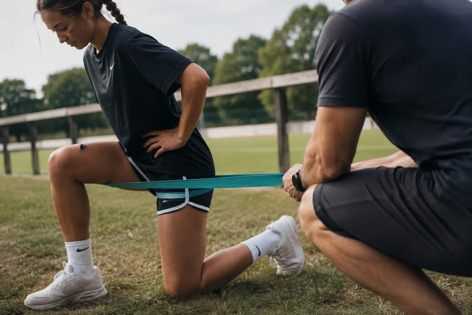 Young female athlete performing a resisted lunge on grass while a clinician provides guidance.
