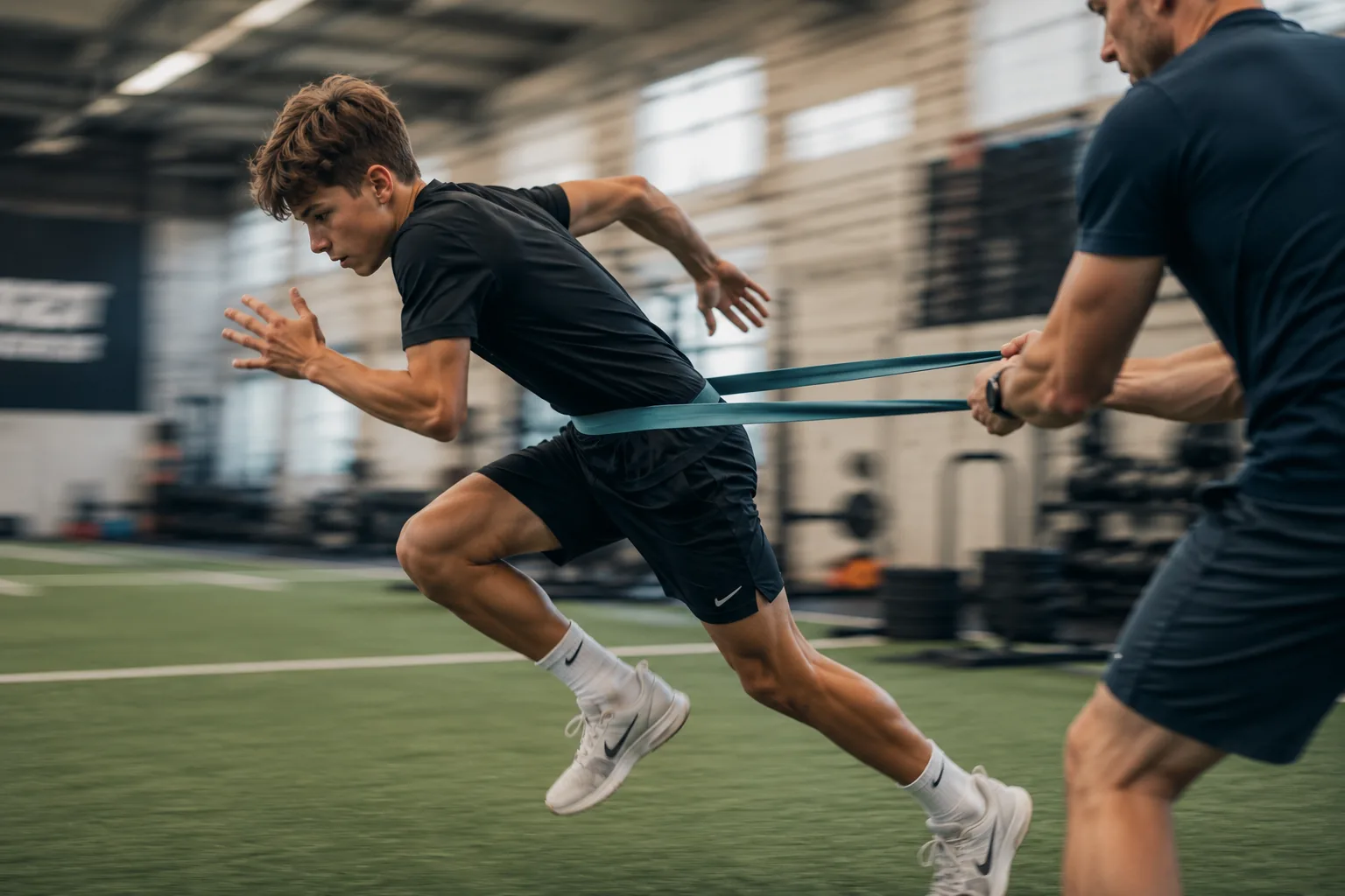 Young male athlete driving through a resisted sprint on indoor turf with a coach holding a teal band.