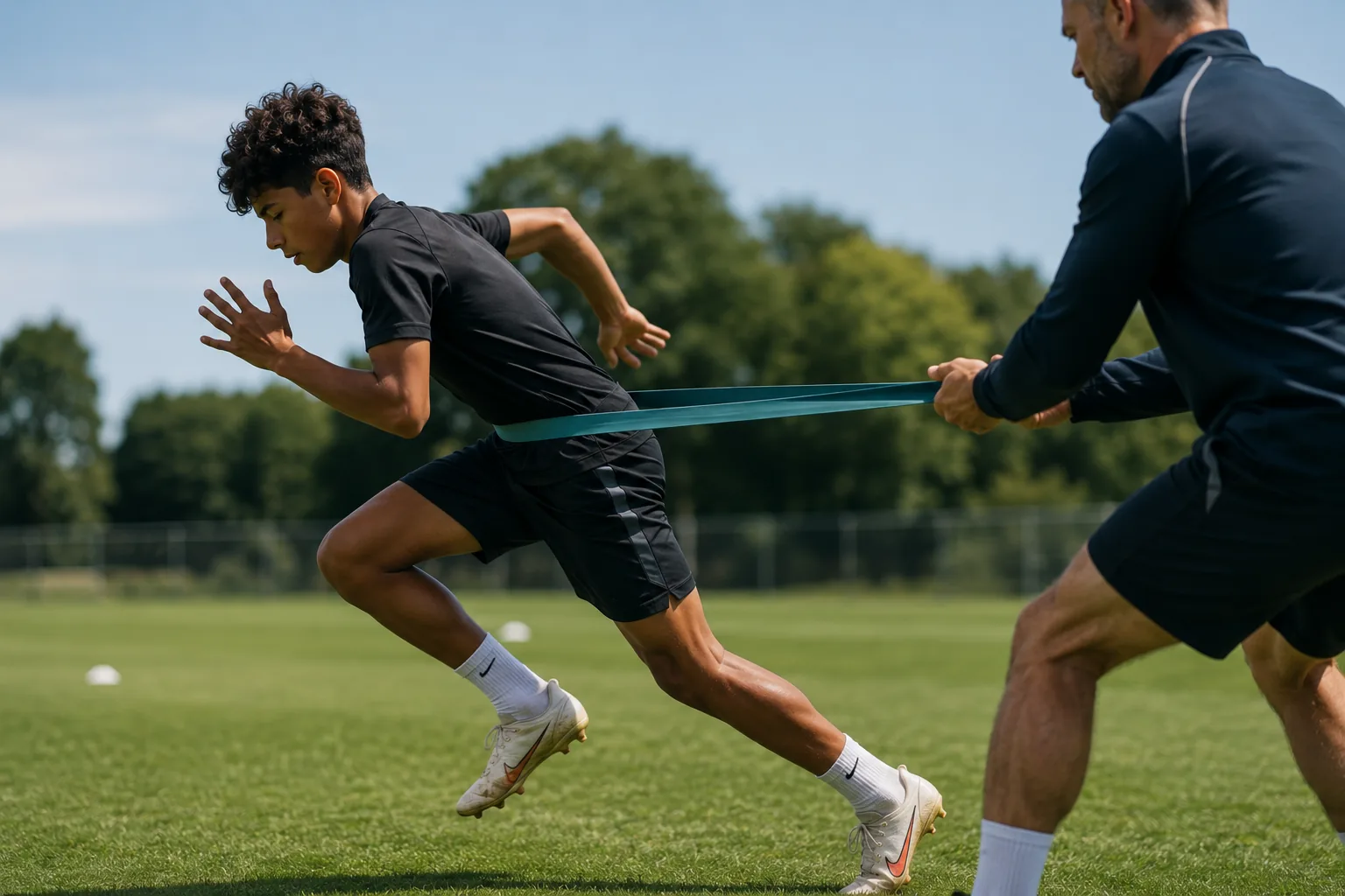 Teenage footballer exploding into a resisted sprint on an outdoor grass pitch.
